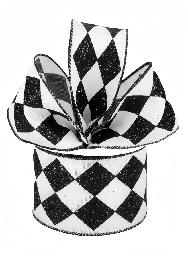Meseey Black & White Glitter Harlequin Christmas Wired Ribbon - 2.5 Inch x 20 Yards, Wired Edge Fabric Ribbon for Christmas Tree Decor, Gift Wrapping & Holiday Crafts - Image 1